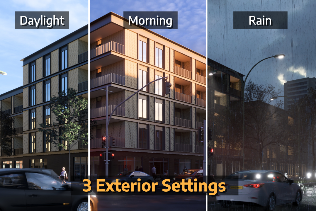 3 Renderinstellingen voor Lumion: Dag-, Regen- en Ochtendscenes
